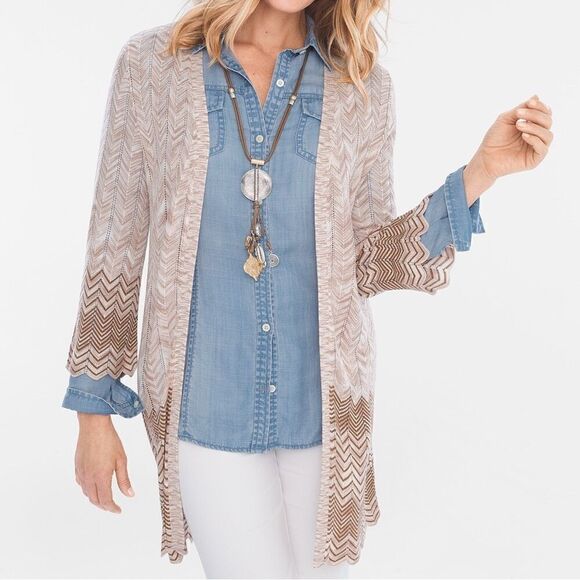 Chico’s Cardigan Sweater Womens 3 / XL / 16 Neutral Chevron Patterned Open Front - Picture 1 of 10